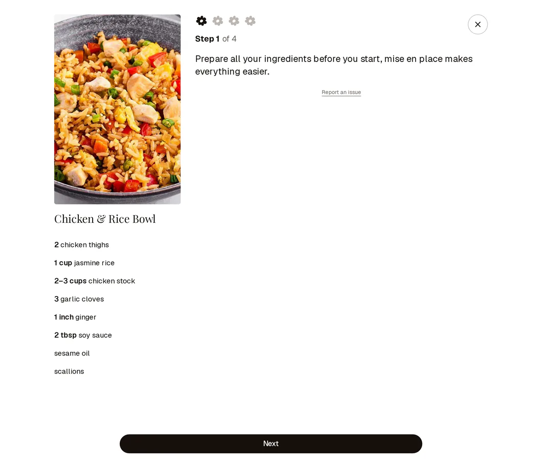Cook mode, step by step