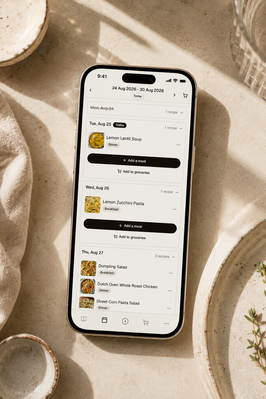 A phone showing a week of planned meals in Belly