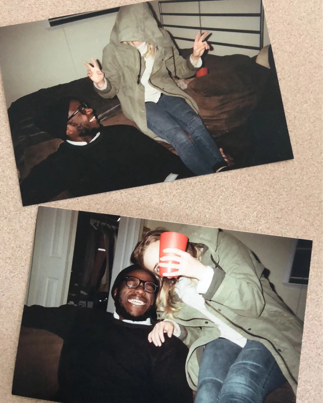 Two printed photos of Kenz and Eman on a couch