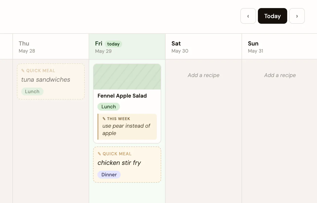 Planner notes, and meals without recipes