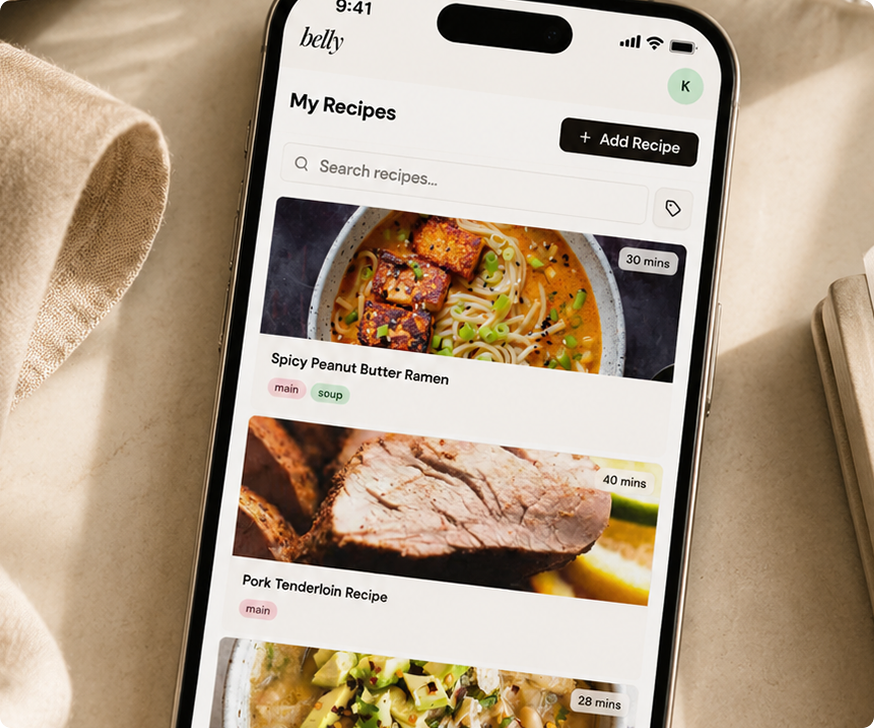 Browsing and searching a saved recipe vault in Belly