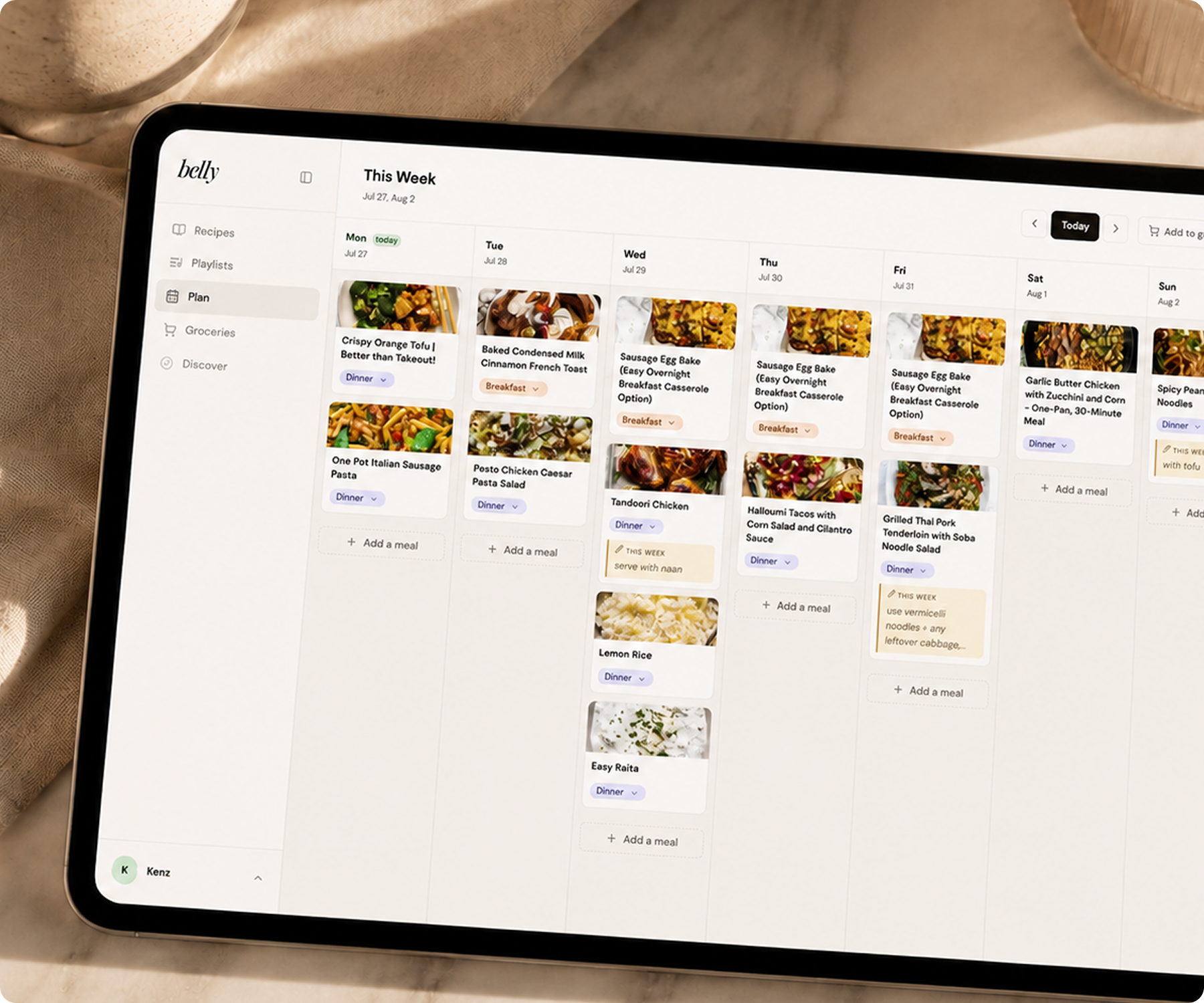 Planning a week of meals in Belly