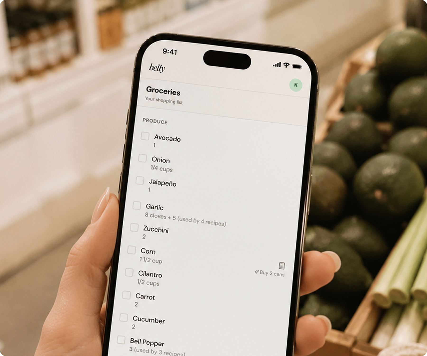 A grocery list generated from planned meals in Belly