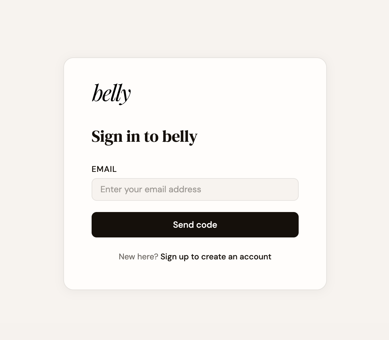The Belly sign-in screen showing an email field and a "Send code" button — no password required