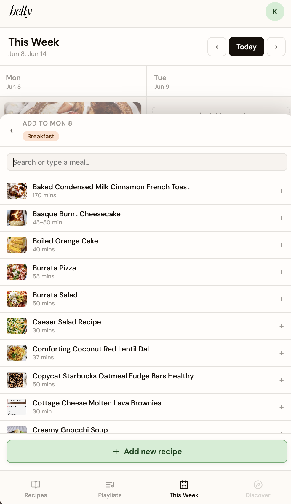 The weekly planner on mobile with a slide-up sheet for adding a recipe, including an "Add new recipe" button at the bottom