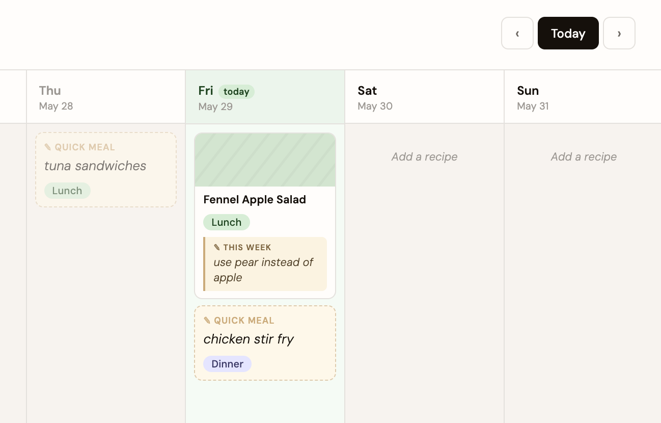 The weekly planner showing a recipe with a "This Week" note and a quick meal card on the calendar