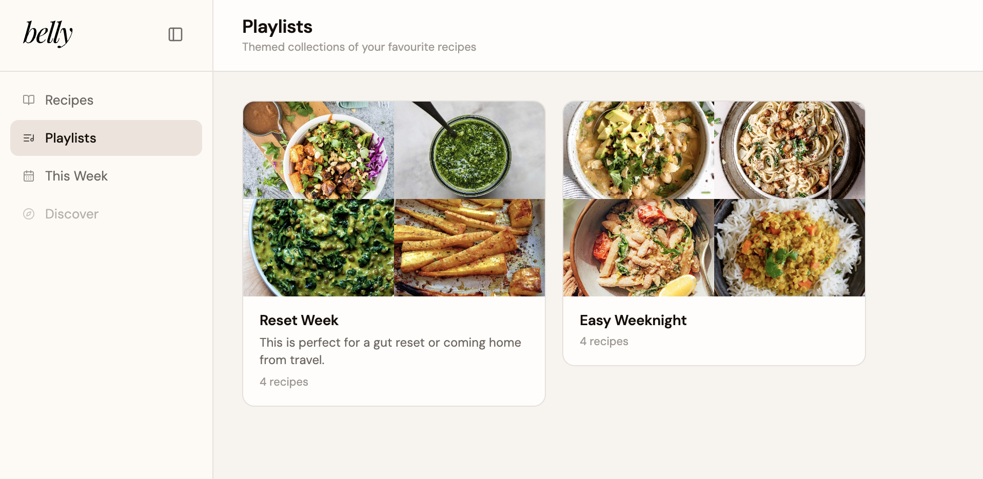 An "Easy Weeknight" playlist showing four recipe cards with photos, tags, and cook times